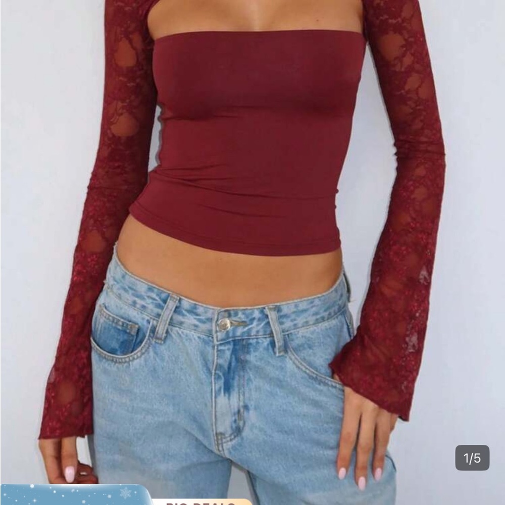 Elegant Burgundy Lace Sleeve Women's Top